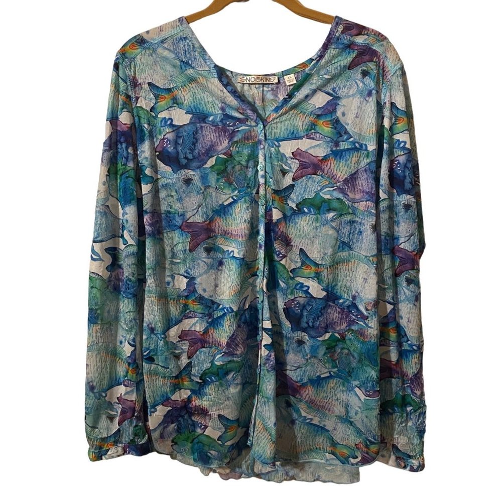 Sno Skins Women's XS Roll Tab Long Sleeve V-Neck Fish Blouse Blue Green Purple
